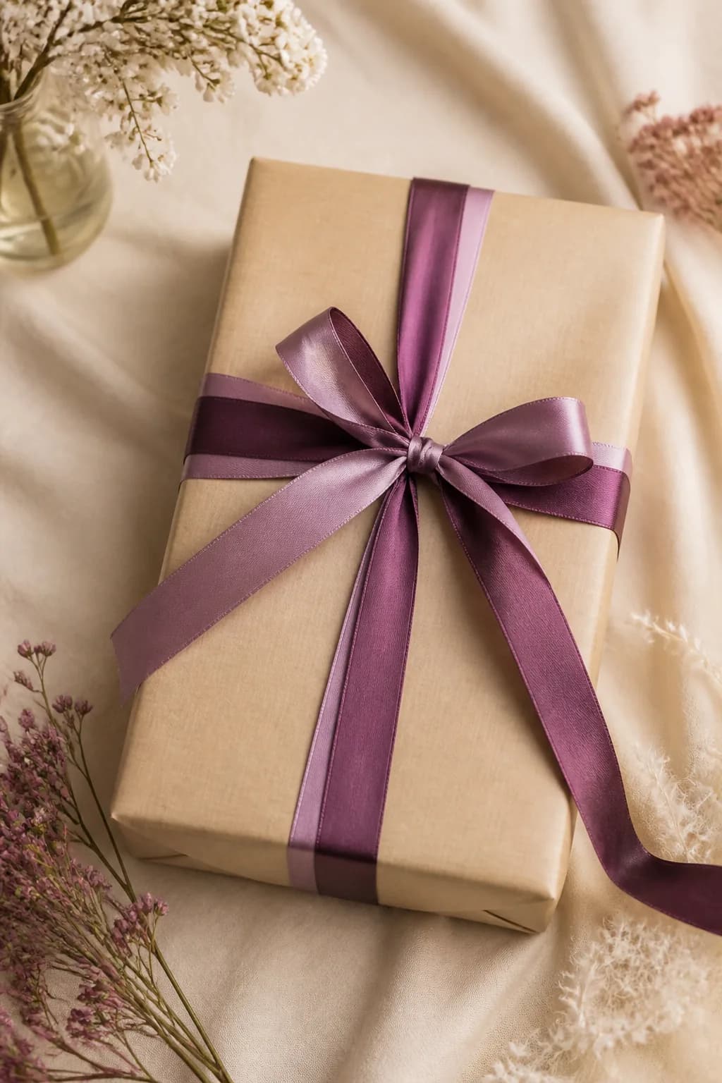 A wrapped mystery Blind Date book with plum ribbon