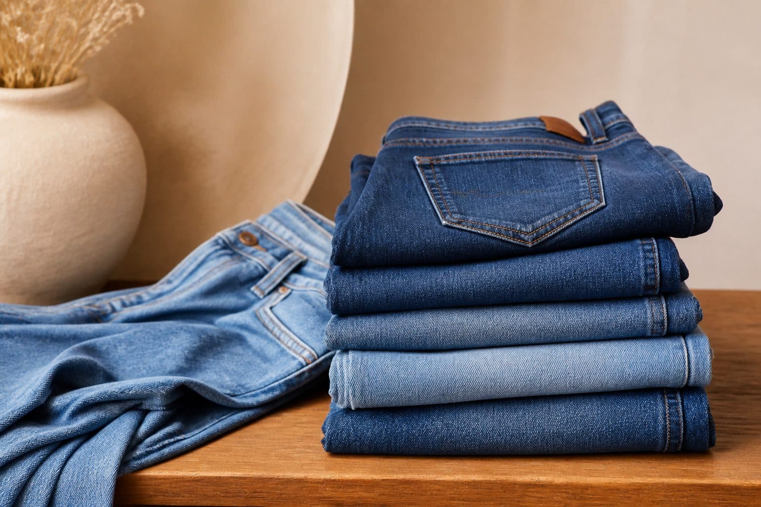 Folded boutique denim jeans in a premium editorial still life