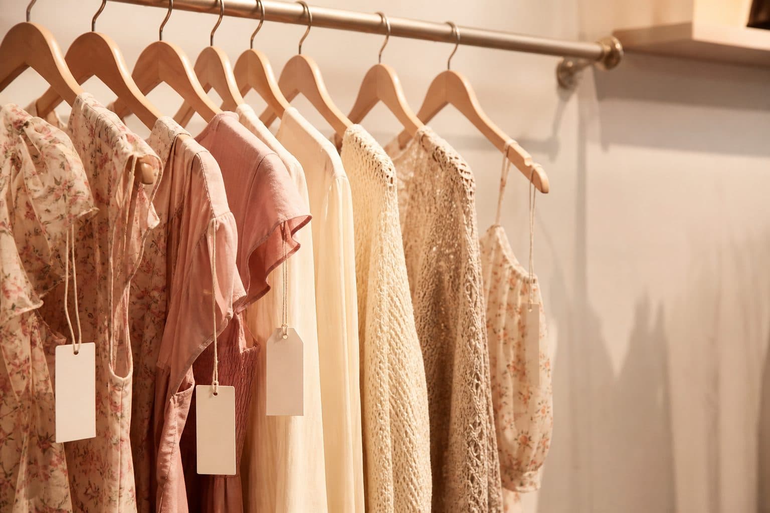 Boutique clothing rack with soft tags suggesting special finds