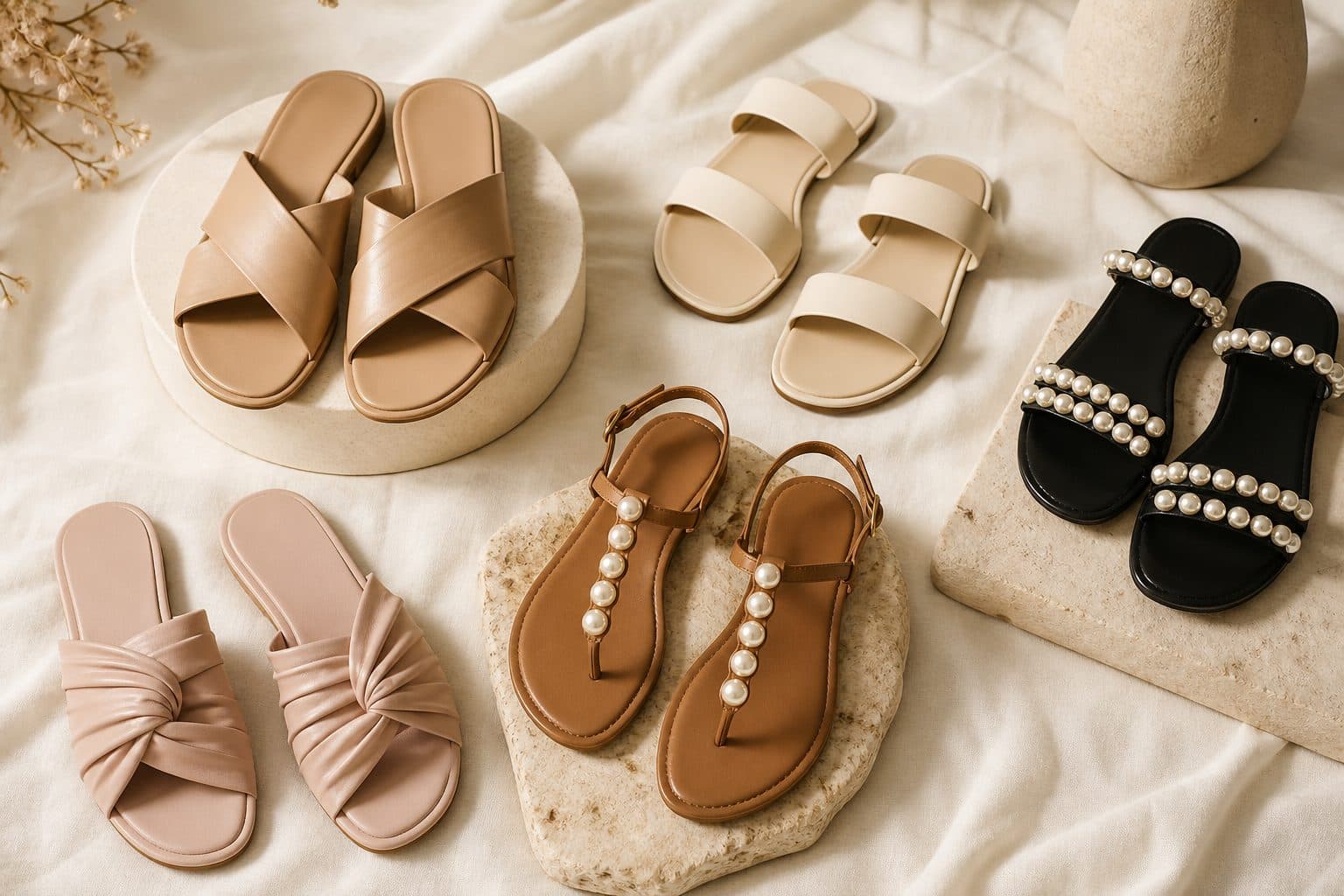 Elegant boutique sandals and slides arranged editorially